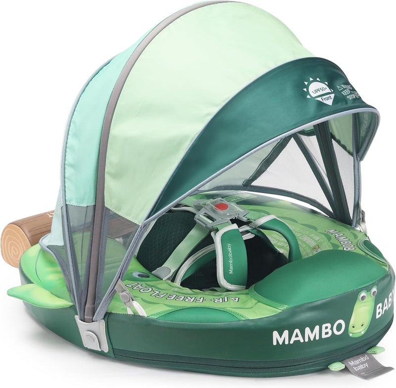 AnjeeIOT Mambobaby Float Non Inflatable Baby Float with Canopy Upgarded Add Tail Baby Swim Float with UPF 50+ Sun Canopy, Safety Swim Tranier Solid Toddler Pool Float for Age 3-24 Months, Crocodile Green - Image 1